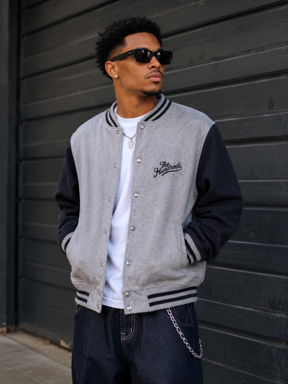 The Hundreds Grey & Black Vintage Bomber-Style Fleece Varsity Jacket Size S